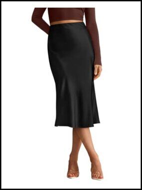 Satin Midi Skirt High Waist A-Line Flowy Silky Long Skirt